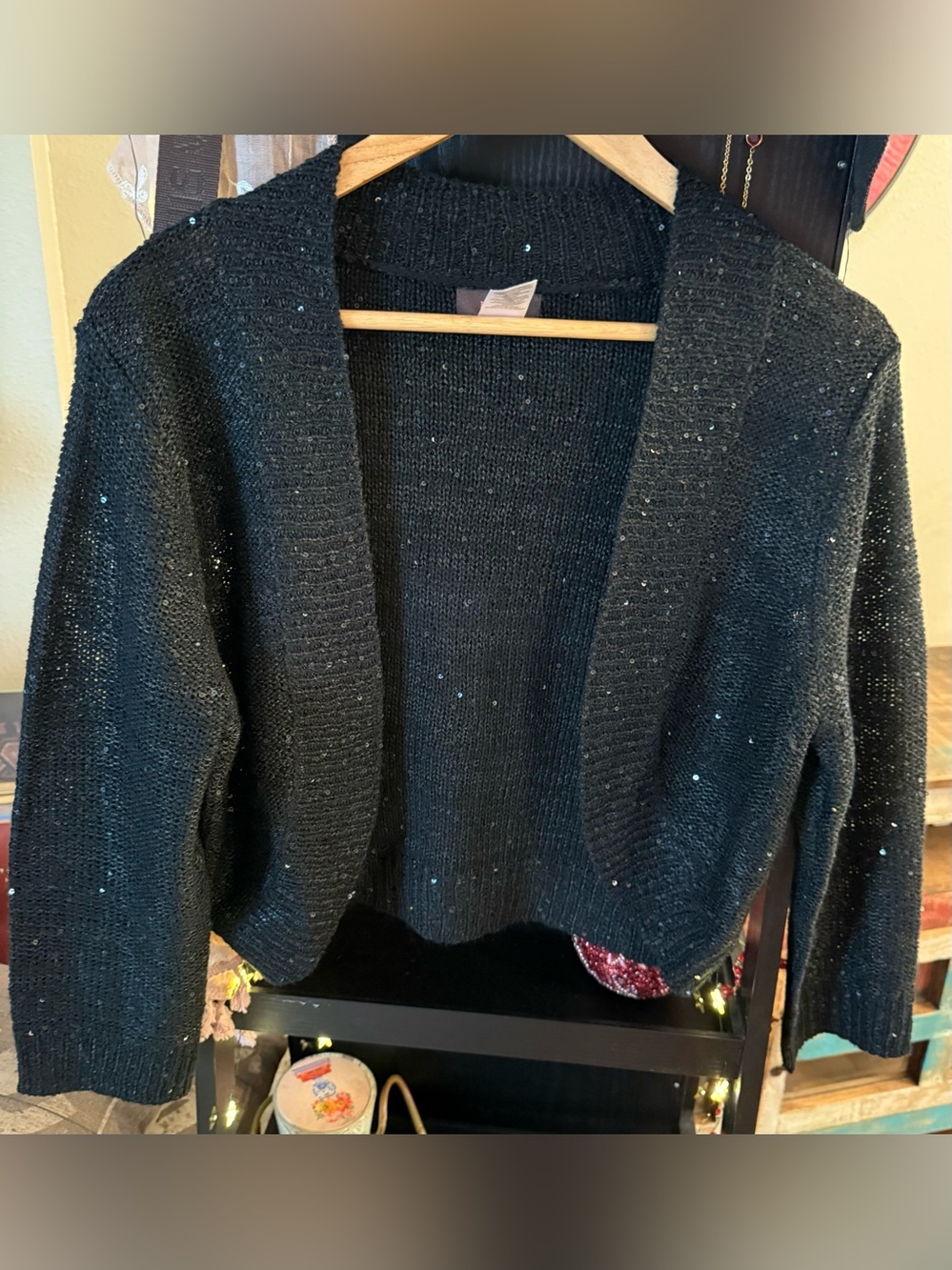 mark. Black Sequin Open-Front Cardigan